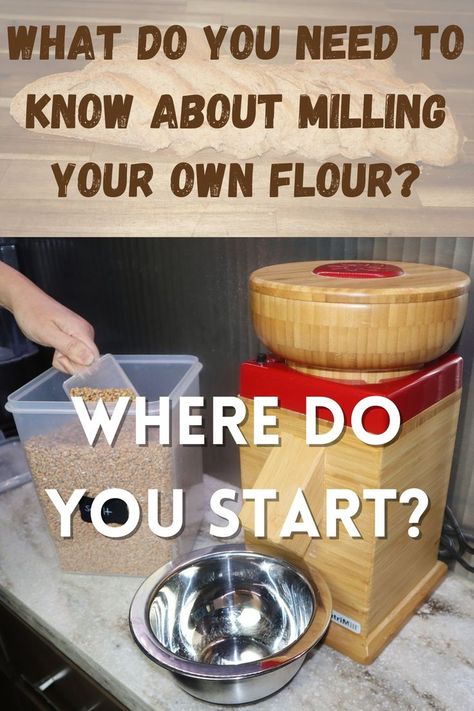 A Bamboo Nutrimill Stone Mill Grain Mill next to a Grain Bin With Wheat Berries, and a metal bowl ready to mill flour into. Making Your Own Flour, Grinding Your Own Flour, How To Make Your Own Flour, Nutrimill Grain Mill, Milling Your Own Flour, Mill Your Own Flour, How To Mill Flour, Milling Flour At Home, Bread Beckers