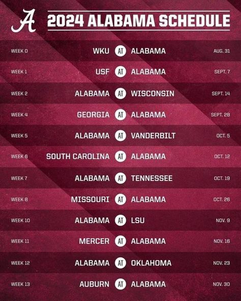 Alabama Crimson Tide Football Fans | The 2024 Alabama Crimson Tide Football Schedule...��🏈 | Facebook Alabama Crimson Tide Football Wallpaper, Roll Tide Roll, Fans Only, Alabama Football Roll Tide, Crimson Tide Fans, Football Schedule, Nfl Championships, Bama Football, Alabama Crimson Tide Football