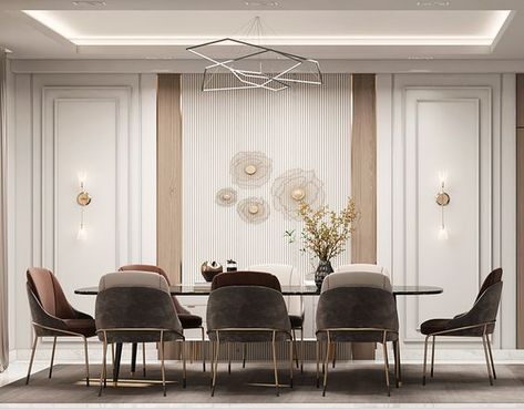 Dining Wall Panelling Design, Reception And Dining Room Design, Drawing Dining Room Interior Design, Wall Design For Dining Area, Dining Back Wall Design, Modern Classic Dining Area, Neo Classical Dining Room, Dinning Room Design Modern Interiors, Dining Area Design Modern Luxury