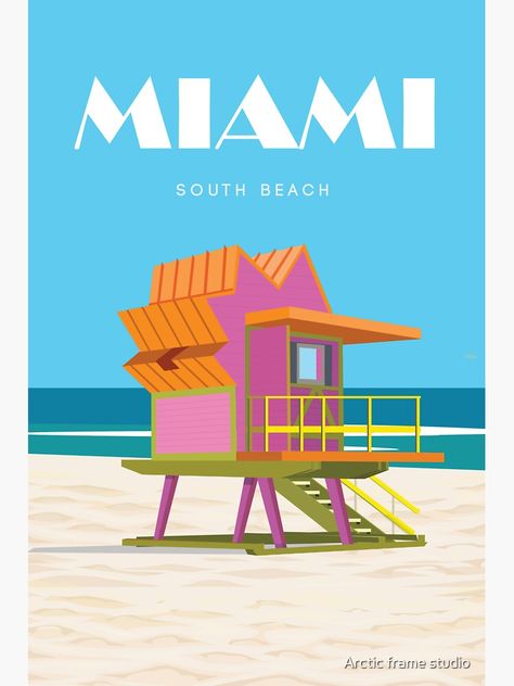 "Miami travel poster south beach vintage retro " Sticker for Sale by Arctic frame studio Miami Illustration, Miami Poster, Estilo Kitsch, Dorm Prints, Miami Posters, Retro Miami, Miami Aesthetic, Beach Drawing, Vintage Miami