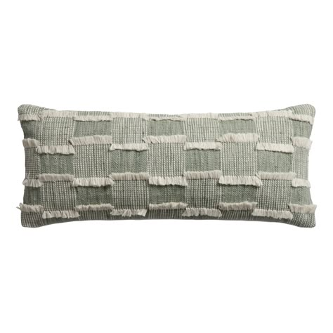 Extra Wide Sage Checked Fringe Indoor Outdoor Lumbar Pillow - World Market Sage Throw Pillows, Oversized Lumbar Pillow, Indoor Outdoor Patio, Pillow Combos, Textile Art Embroidery, Green Throw, Lumbar Pillows, Coastal Blue, Green Pattern