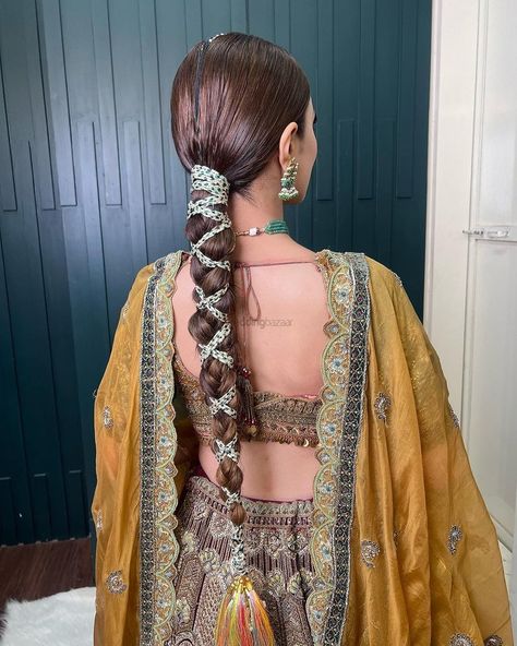 19+ Hairstyle Ideas Ideal for Your Fun-filled Haldi Bash! | WeddingBazaar French Plates Hairstyles Indian, Engagement Brides Indian, Hairstyle With Suit, Hairstyle For Engagement, Hairstyles For Engagement, Punjabi Hairstyles, Hairstyle For Brides, Mehndi Hair, Tattoo Full Sleeve