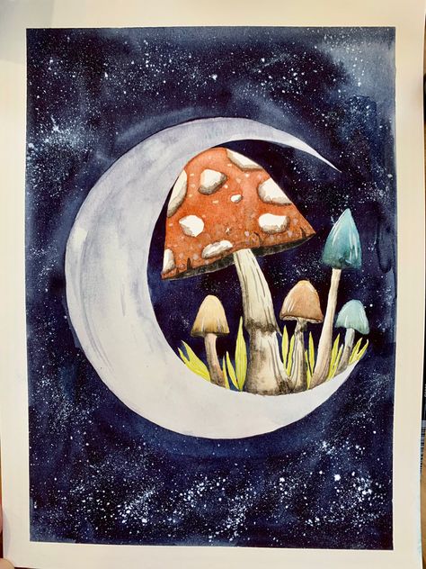 Moon And Mushroom Painting, Simple Acrylic Paintings Mushrooms, Mushroom Painting Ideas On Canvas, Mushroom Forest Painting, Mushroom Canvas Painting, Mushroom Painting Ideas, Mushroom Paintings, Mushrooms Watercolor, Mushroom Painting