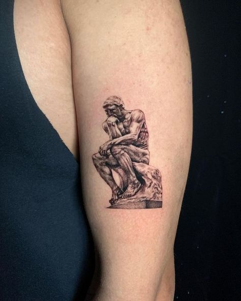 Artcoholic Thinking Man Tattoo, Paradox Tattoo Ideas, The Thinker Tattoo, Thinker Tattoo, The Thinker Statue, Microrealism Tattoo, Simple Tattoos For Guys, Small Tats, Statue Tattoo