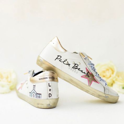 Golden Goose | Wedding Shoes | Bridal Shoes | Custom Wedding Shoes | Palm Beach Wedding | Destination Wedding Inspo Bridal Golden Goose, Golden Goose Wedding Shoes, Golden Goose Wedding, Wedding Golden Goose, Aggie Wedding, Beach Wedding Destination, Custom Wedding Shoes, Wedding Sneakers, Palm Beach Wedding