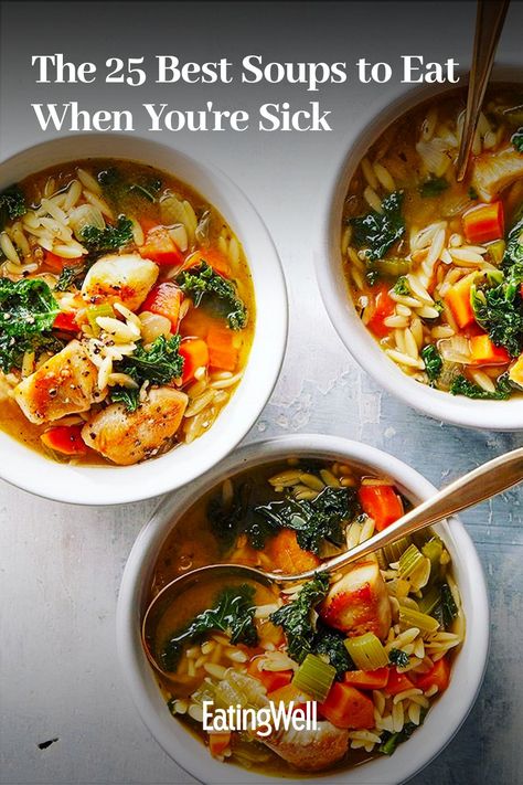 Feeling under the weather? Try making one of these healthy soup recipes for when you're sick. Broth-based soups are helpful, as it's important to stay hydrated when you're not feeling well. Recipes like Baked Vegetable Soup and Lemon Chicken Orzo Soup with Kale are flavorful and comforting for days when you need an easy, delicious nutrition boost. Soup For Sickness Vegetarian, Best Soups For Sickness, Dinner For When You Are Sick, Food To Make When Sick, Sick Day Recipes, Soup For Cold And Cough, Foods When Sick, Recipes For When You Are Sick, Dinner Ideas When Sick