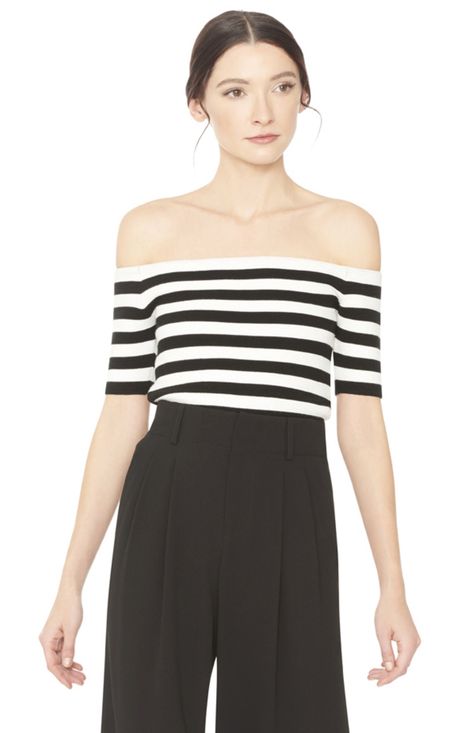 black and white stripe off the shoulder top Black Off-shoulder Top For Vacation, Striped Off-shoulder Top For Spring, Black Off-shoulder Cold Shoulder Top For Spring, Striped Top Outfit, Black And White Striped Off Shoulder Top, Spring Black Off-shoulder Cold Shoulder Top, Striped Off Shoulder Top, Black Striped Shirt, Camille Styles