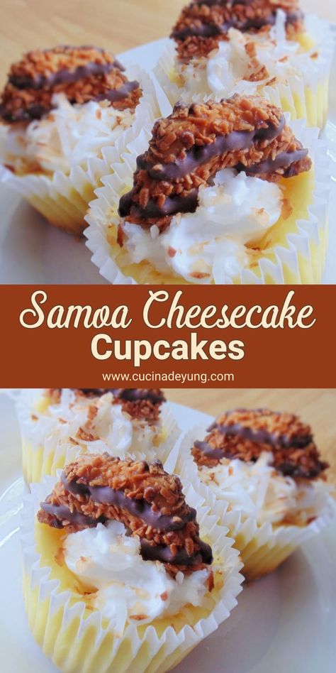 Samoa Cheesecake Cupcakes – CUCINADEYUNG Samoa Cheesecake, Cheesecake With Whipped Cream, Cheesecake Cupcakes, Baked Treats, Coconut Cookies, Cheese Flavor, Food Blogs, No Bake Treats, Best Dessert Recipes