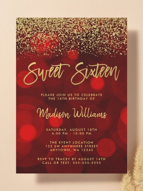 Modern Red Bokeh Gold Glitter Sweet 16 Invitation This red and gold sweet 16 invitation is sure to impress! #birthday #happybirthday #birthdaycards #birthdayparty #turningsixteen #16thbirthday #sweetsixteen Sweet 16 Decorations Red And Gold, Burgundy And Gold Sweet 16, 16 Birthday Party Ideas Red, Christmas Sweet 16 Party Ideas, Sweet 16 Party Ideas Red Black And Gold, Sweet 16 Red And Gold Theme, Red And Gold Birthday Theme, Sweet 16 Party Ideas Red, Red And Gold Sweet 16