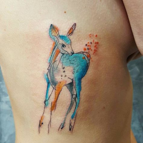 Doe Tattoo, Deer Tattoo Designs, Colour Tattoos, Watercolour Tattoos, Mountain Tattoo Design, Deer Tattoo, Mountain Tattoo, Tattoo Flash Art, Flash Art