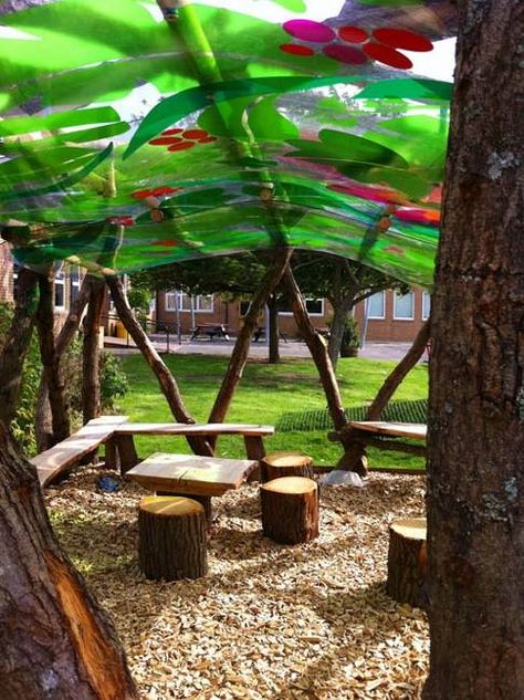 Outdoor Classroom Seating, Leaf Shading, Eyfs Outdoor, Natural Play Spaces, Kid Friendly Backyard, Deck Cover, Outdoor Learning Spaces, Kids Backyard, Outdoor Play Spaces