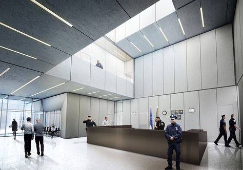 Bronx police station design revealed by Bjarke Ingels Group | Building Design + Construction Police Station Design, Police Department Office, Office Lobby Design, Front Desk Design, Bjarke Ingels Group, Dream Closet Design, House Big, Building Entrance, Royal City