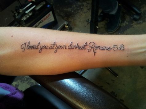 Romans 5 8 Tattoo, Quote Bible Verses, Live Free Tattoo, Arm Tattoos For Women Forearm, Scripture Tattoos, Bible Tattoos, Bible Verse Tattoos, Verse Tattoos, Tattoo Forearm