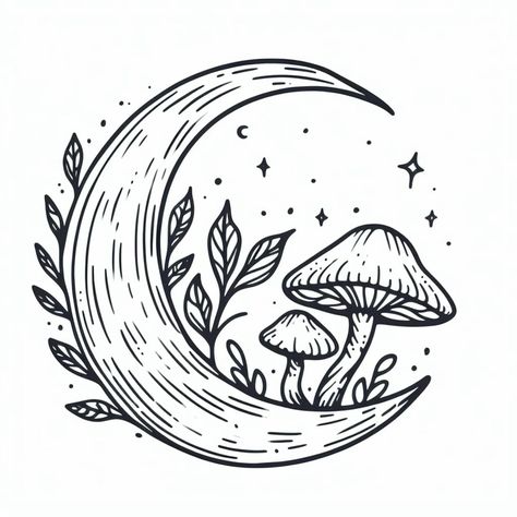 Mushroom With Moon Tattoo, Tracing Art Drawing Ideas, Moon And Mushroom Drawing, Cute Mushrooms Drawing, Moon With Mushrooms, Mushroom Stencil, Crescent Moon Drawing, Mushroom Line Art, Mushroom Doodle