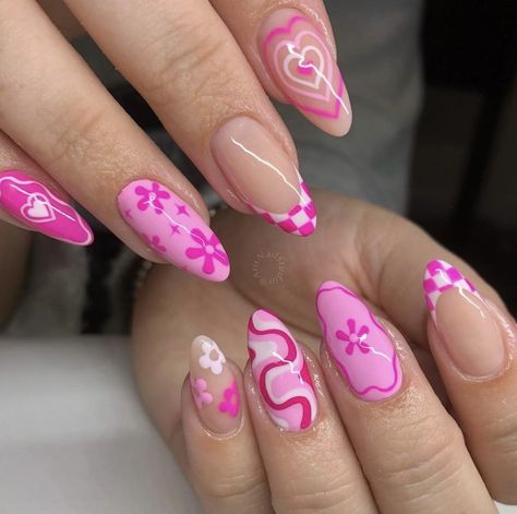 Girly Pop Nails, Pink Groovy Nails, Funky Nail Art Acrylic, Pink Grunge Nails, Colorful Swirl Nails, 80s Nails 1980s, Funky Pink Nails, Mean Girls Nails, Patterned Nails