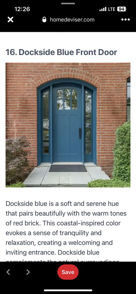 Blue Door On Brick House, Red Brick Blue Door, Blue Front Door With Red Brick, Blue Door Red Brick House, Orange Brick Houses, Brick House Colors, Blue Front Door, Black Shutters, Brown Roof