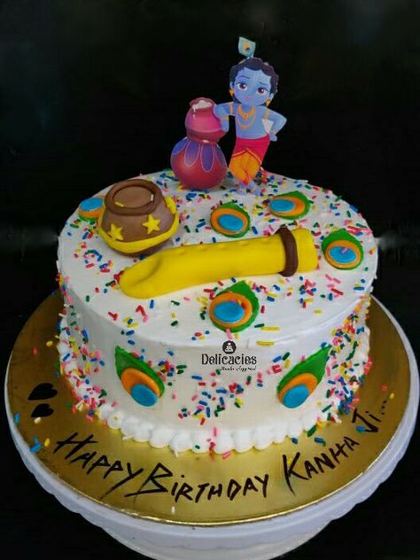 Krishna birthday theme cake.. Kanha Cake Design, Happy Birthday Krishna Cake, Happy Birthday Kanha Ji, Janamstmi Cake, Krishna Birthday Theme, Krishna Theme Cake, Holi Cake, Rice Ceremony, Feather Cake