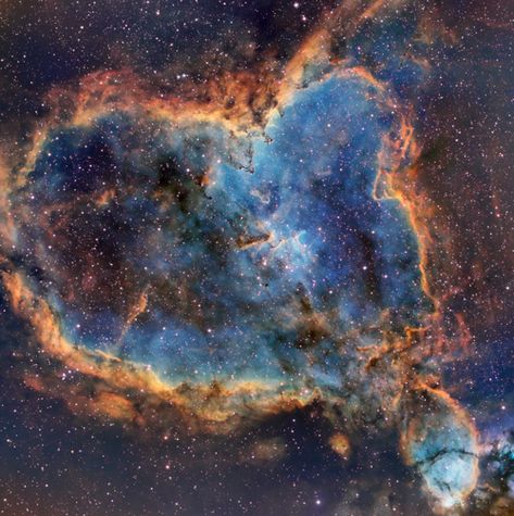 IC 1805 - Heart Nebula - in the Hubble palette - Sky & Telescope Nebula Photography, Sophia Code, Heart Nebula, Refracting Telescope, Hubble Telescope, Hubble Images, Space Stuff, Star Formation, Orion Nebula