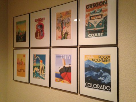 Vintage travel poster display Travel Poster Wall Display, Travel Theme Basement, Travel Themed Gallery Wall, Travel Inspired Gallery Wall, Display Vacation Photos Wall Art, Vintage Travel Bedroom, Vintage Travel Posters Gallery Wall, Vintage Destination Posters, Travel Bedroom