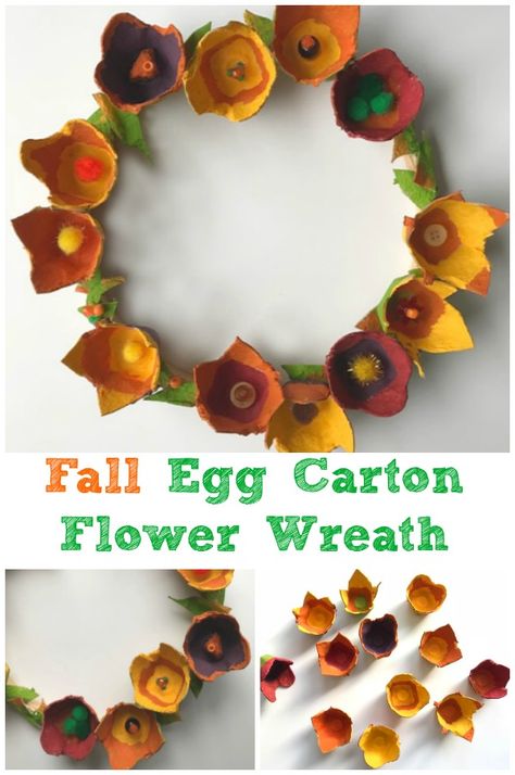 Celebrate the arrival fall with a beautiful egg carton flower wreath. Yep, this gorgeous wreath is made from recycled paper egg cartons. Click through for the simple step by step instructions. #simplediy #falldecor #fallwreath #eggcartoncraft #eggcartonflowers #thanksgivingdecor #doorwreath #fallcraft #diy Egg Carton Flower Wreath, Fall Wreath Tutorial, Egg Carton Flowers, Egg Cartons, Egg Carton Crafts, Easy Fall Crafts, Colored Leaves, Autumn Activities For Kids, Diy Fall Wreath