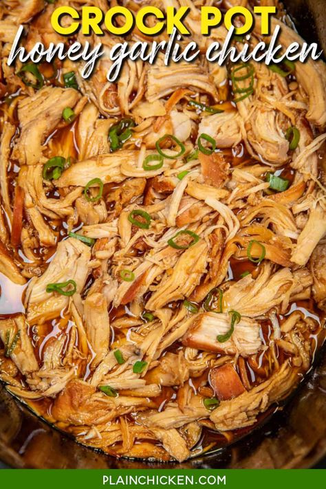 Crock Pot Honey Garlic Chicken Recipe - tender chicken simmered in a blend of honey, garlic, soy sauce, and apple cider vinegar – it's a flavor sensation you won't want to miss. Serve over cauliflower rice, brown rice, quinoa, or wrap it up in lettuce for a customizable meal that suits every palate. Easy, delicious, and perfect for busy days.