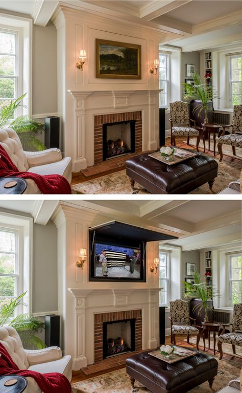 Hide Tv Over Fireplace, Above Fireplace Ideas, Hide Your Tv, Tv Above Fireplace, Hide Tv, Deco Tv, Tv Over Fireplace, Hidden Tv, Fireplace Remodel