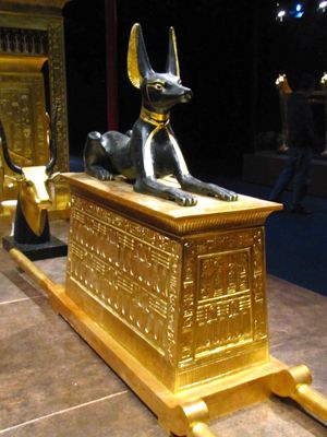 Anubis,Egyptian God of the Dead guarding the Chest. Found in Tutankhamun's tomb.  He was an Egyptian pharaoh of the 18th dynasty (ruled ca. 1332 BC – 1323 BC in the conventional chronology), during the period of Egyptian history known as the New Kingdom. He is popularly referred to as King Tut. Starověký Egypt, Walk Like An Egyptian, Egyptian Artifacts, Egyptian Pharaohs, Egyptian Culture, Egypt History, Egypt Art, Tutankhamun, Egyptian History