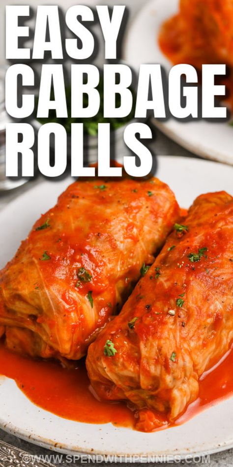 Cabbage Rolls are so easy to make & a great way to feed a crowd. Rice & ground meat are mixed with savory tomato sauce and wrapped in cabbage leaves, then topped with more sauce & baked to perfection! #spendwithpennies #cabbagerolls #easycabbagerolls #dinner Best Cabbage Rolls Recipe, Stuffed Cabbage Rolls Recipe, Easy Cabbage Rolls, Easy Stuffed Cabbage, Stuffed Cabbage Rolls, Cabbage Rolls Recipe, Wholesome Yum, Cabbage Casserole, Stuffed Cabbage