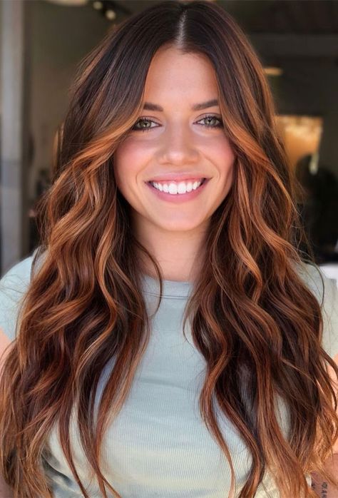 Brunette Amber Balayage, Amber Hair Balayage, Brown And Orange Balayage, Copper Fall Hair Color, Dark Brown Hair Copper Balayage, Pumpkin Spice Balayage, Brunette With Strawberry Blonde Balayage, Brunette To Auburn Balayage, Brunette With Orange Highlights