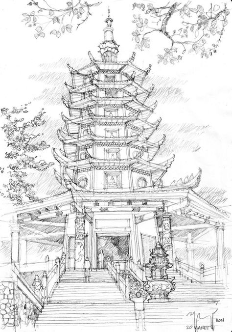 Pagoda Sketch, Chinese Architecture Drawing, Japanese Temple Drawing, Pagoda Drawing, Japanese Architecture Drawings, Japan Sketch, Coloring Aesthetic, Temple Drawing, Chinese Drawings