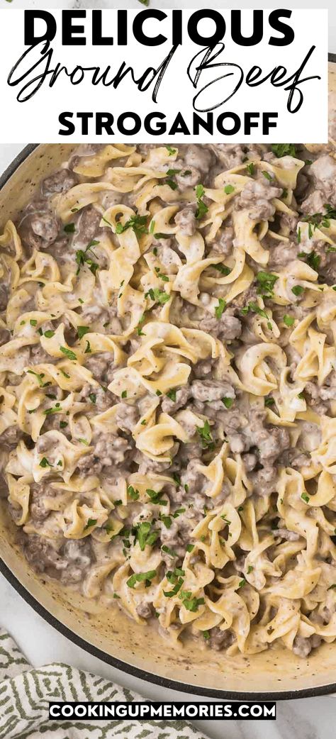 This Ground Beef Stroganoff is budge-friendly, family-friendly and is the definition of comfort food. Ready in just 30 minutes. Meal Prep Beef Stroganoff, Lazy Beef Stroganoff, Diy Beef Stroganoff, Ground Meat Stroganoff, Ground Beef Uses, Slow Cooker Beef Stroganoff Ground Beef, Ground Beef Stroganoff Recipe Homemade Hamburger Helper, Beef Stroganoff With Hamburger Meat, Things To Make With Burger