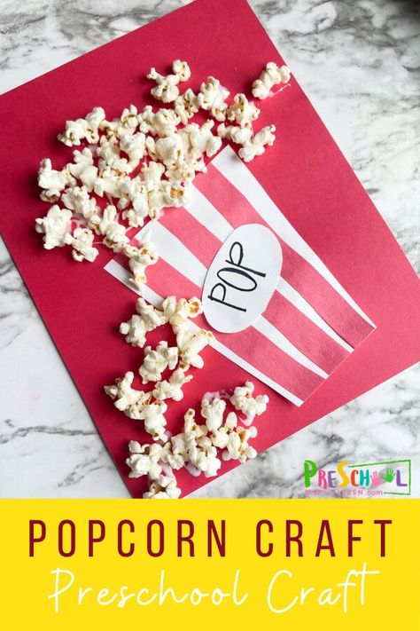 Fresh popcorn is irresistible with lots of butter and salt! Making this popcorn craft for kids will certainly have you craving a bowl! #popcorncraft #preschoolcraft #easycraftforkids #freehomeschooldeals #fhdhomeschoolers Carnival Crafts Preschool Art Projects, Letter P Popcorn Craft, Popcorn Projects For Kids, Popping Into Kindergarten, Popcorn Preschool Craft, Popcorn Arts And Crafts, Movie Preschool Activities, Popcorn Craft Ideas, Popcorn Art Preschool