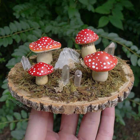 Hand sculpted mushroom decoration with quartz crystals, preserved moss, and ash wood #mushrooms #mushroomart #shrooms #sculpture #cottagecore Crafts With Mushrooms, Cottagecore Clay Crafts, Wood Mushrooms Diy, Cute Mushroom Decor, Fairy Core Crafts, Mushroom Diy Decor, Cottagecore Gift Ideas, Crafts With Crystals, Crystal Crafts Diy