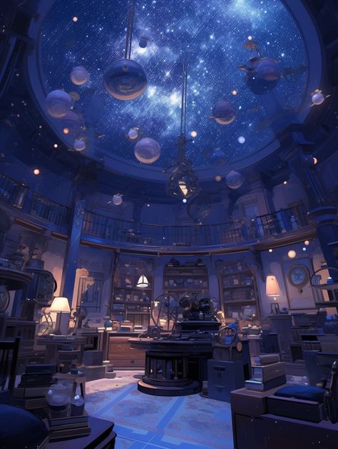 Observatory Interior Design, Planetarium Concept Art, Blue Magician Aesthetic, Fantasy Planetarium, Alien Interior Design, Observatory Aesthetic, Celestial Castle, Celestial Palace, Starry Room