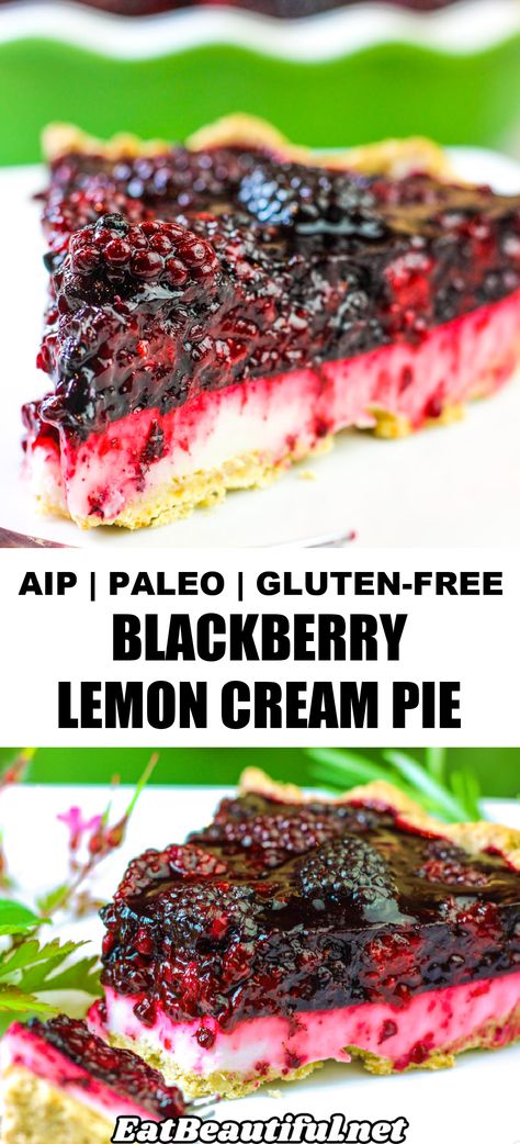 Blackberry Lemon Cream Pie is temptingly beautiful with two delicious layers of filling. You'll love this tart, sweet, but not-too-sweet, fruity treat year round. Use fresh or frozen blackberries. Paleo, AIP and Gluten-free. | Eat Beautiful | paleo | aip | gluten free | pie | blackberry pie | lemon pie | paleo pie recipes | aip pie recipes | gluten free pie recipes | egg free | nut free | dairy free | gelatin | snacks || #paleo #aip #glutenfree #eggfree #pie #blackberry #lemon #tigernut Aip Pie, Gluten Free Pie Recipes, Paleo Pie Recipes, Gluten Free Pies Recipes, Dairy Free Pies, Paleo Pie, Lemon Cream Pie, Blackberry Lemon, Primal Living