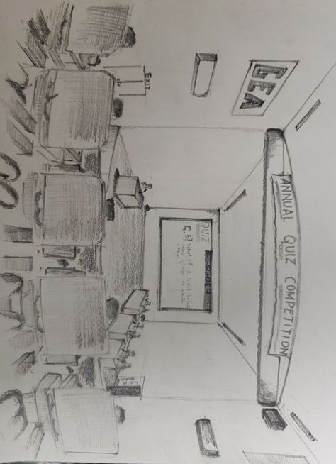 School Auditorium School Auditorium, Cat Questions, Arch Drawing, Drawing Architecture, Perspective Drawing Architecture, One Point Perspective, Scene Drawing, Practice Drawing, Art Basics