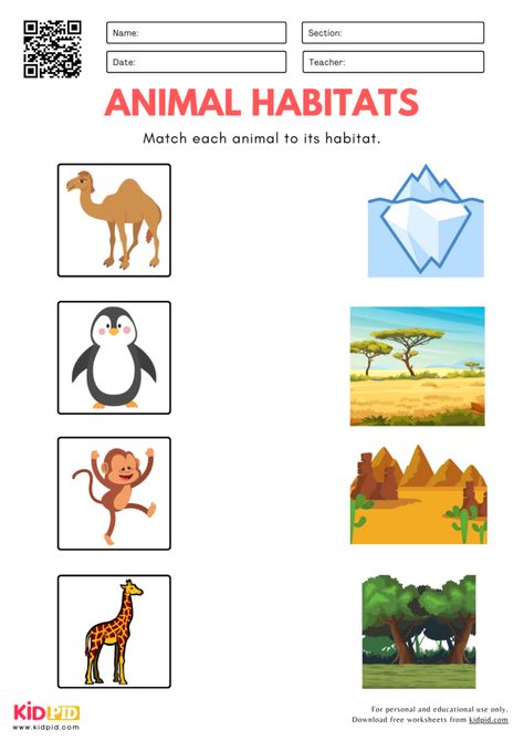 Animal Habitats Matching Worksheet for Kindergarten Animal Habitat Worksheet, Animal Habitats Kindergarten, Habitat Worksheet, Rhyming Words For Kids, Nouns Kindergarten, Kindergarten Vocabulary, Rhyming Words Worksheets, Animal Alphabet Letters, Worksheet For Kindergarten