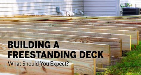 Building a Freestanding Deck: What Should You Expect? (Updated 2021) Moveable Deck Platform, Free Standing Porch, Deck For Mobile Home, Pier Blocks, Mobile Home Deck, Deck Foundation, Freestanding Deck, Deck Building Plans, Raised Deck