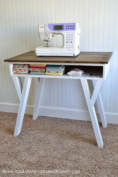 Make your own Farmhouse Modern Desk...with an open front storage cubby! --- Make It and Love It Small Sewing Table, Diy Farmhouse Desk, Ikea Laundry Room, Diy Sewing Table, Farmhouse Desk, Sewing Spaces, Storage Cubby, Desk Organization Diy, Desk Plans