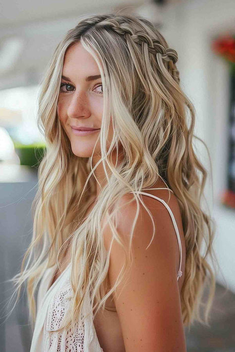 25 Effortless Beach Day Hairstyles You Need to Try This Summer Shoulder Length Beach Hair, Beach Hair Braids, Braid Beach Hairstyles, Beach Waves With Braid, Braided Beach Hair, Beach Wave Hair With Braid, Beach Waves Wedding Hair, Beach Day Hairstyles, Beach Waves Hairstyles