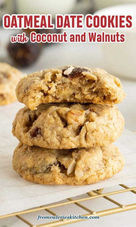 Oatmeal Date Cookies, Walnut Dessert, Cowboy Cookie Recipe, Coconut Cookies Recipes, Oatmeal Raisin Cookies Chewy, Date Cookies, Potluck Desserts, Vegan Cookies Recipes, Date Recipes