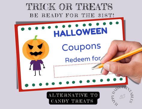 Excited to share this item from my #etsy shop: Halloween Gift Coupons / Halloween Boo Bucks for Trick or Treat / Printable Coupon Book Trick Or Treat Printable, Halloween Coupons, Printable Coupon Book, Happy Daisy, Reward Coupons, Coupon Book, Printable Coupons, Halloween Boo, Printable Gift