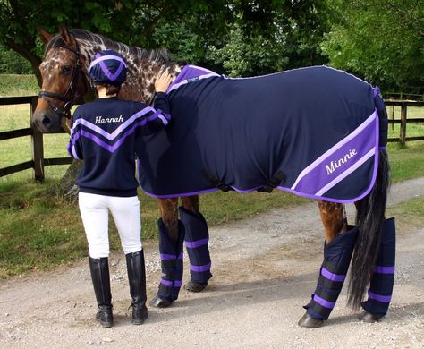 Show Rug Base Colour: Navy, First Colour: Purple, Second Colour: Lilac Co-ordinating Travel Boots, Sweatshirt and Hat Silk Matching Tack Sets English, Purple Sets, Eskadron Silk Purple, Horse Ribbon Display, Lavender Horse Tack, Horse Travel, Purple Tack Set, Pony Ideas, Purple Horse Tack