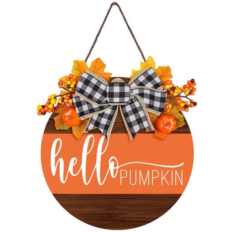 PRICES MAY VARY. Fall Theme - 1pcs wooden sign are included in the package, taking wood grain as background, printed with the words of hello pumpkin, embellished with artificial leaves, berries, pumpkin and a bow, rustic and delicate. With a hemp for hanging, very easy to use. Proper Size - The wooden sign is about 30 x 30cm/12 x 12 inch, proper size for your front door, window, wall, etc., bring vitality into your home and party. Good Material - Made of durable wood, close to nature, safe and o Fall Wooden Door Hangers, Farmhouse Door Hanger, Porch Wall Decor, Welcome Wood Sign, Fall Decor Diy Crafts, Burlap Door Hanger, Fall Wood Signs, Farmhouse Door, Artificial Leaves