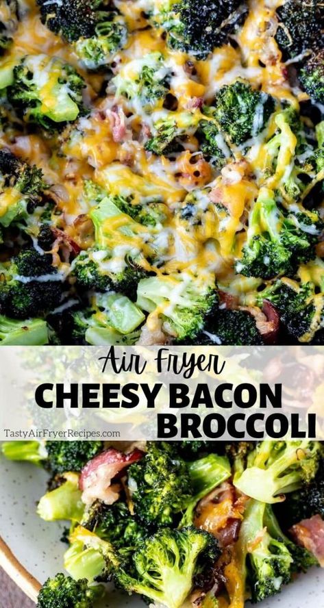 Air Fryer Cheese Broccoli, Best Broccoli Recipe Air Fryer, Air Fried Veggies Recipes, Cheesy Bacon Broccoli, T Fal Air Fryer Recipes, Brocolli Air Fryer Recipe, Healthy Food In Air Fryer, Air Fried Broccoli Recipes, Sides In Air Fryer