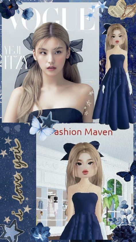 Dress to impress aesthetic Vogue Cover Yeji ITZY recreation inspo dark blue ocean dti Kpop Dress, Vip Dress, Cover Of Vogue, Vogue Dress, Roblox Outfit Ideas, Dress To Impress Outfits, Vogue Covers, Roblox Outfit, Dress Cover