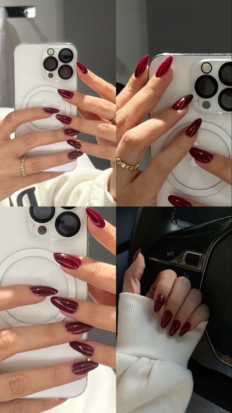 Cherry Red Coffin Acrylic Nails, Fall Aesthetic Nails Acrylic, Dark Cherry Red Nails Acrylic, Cherry Red French Tip Nails Almond, Red Nails Black French Tip, Short Dark Almond Nails, Dark Cherry Red Nails Almond, Cherry Red French Nails, Cherry Red Nails French Tip