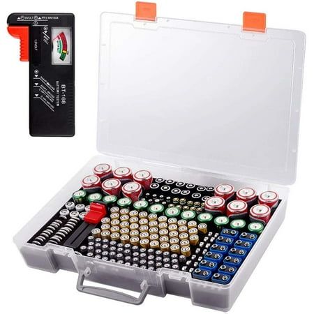 Product Pros. Battery Organizer Storage Holder - Holds 225 Batteries AA AAA C D Cell 9V 3V Lithium LR44 CR2 CR1632 CR2032 with tester checker BT-168, Super convenient for you to distinguish which batteries need to be recycled. The garage organization box for batteries is perfect case storage organizer to hold different type batteries with 2 extra pockets to store more accessories. This battery organizer case has a transparent cover, see all type batteries directly; Pre-cut foam, keep the batteri Survival Skills Emergency Preparedness, Props Storage, Pvc Storage, Storage Totes, Plastic Drawer, Mini Washing Machine, Organized Chaos, Modular Storage, Battery Holder