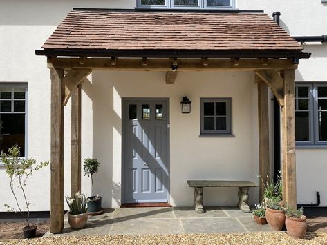 The English Porch Company Yeovil Oak Framed Porch Kits Oak Post Porch, Oak Framed Porch Entrance, Oak Frame Porch, English Front Porch, Oak Framed Porch, Open Porch Ideas Uk, Oak Porch Ideas, Warren Farmhouse, Gable End Porch