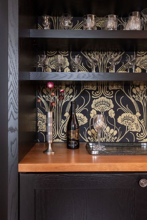 Bar Nook With Wallpaper, Bar Wallpaper Ideas Accent Wall, Wallpaper Bar Backsplash, Speakeasy Coffee Bar, Dry Bar Wallpaper, Wallpaper With Black Cabinets, Home Bar With Wallpaper, Wallpaper Behind Coffee Bar, Bar With Wallpaper Backsplash